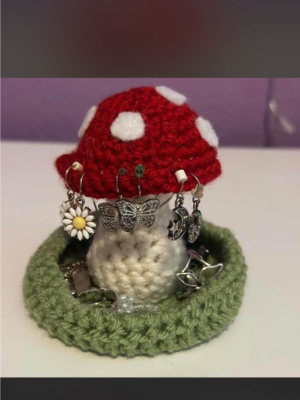 Handmade Red & White Mushroom jewelry Holder with Green Base